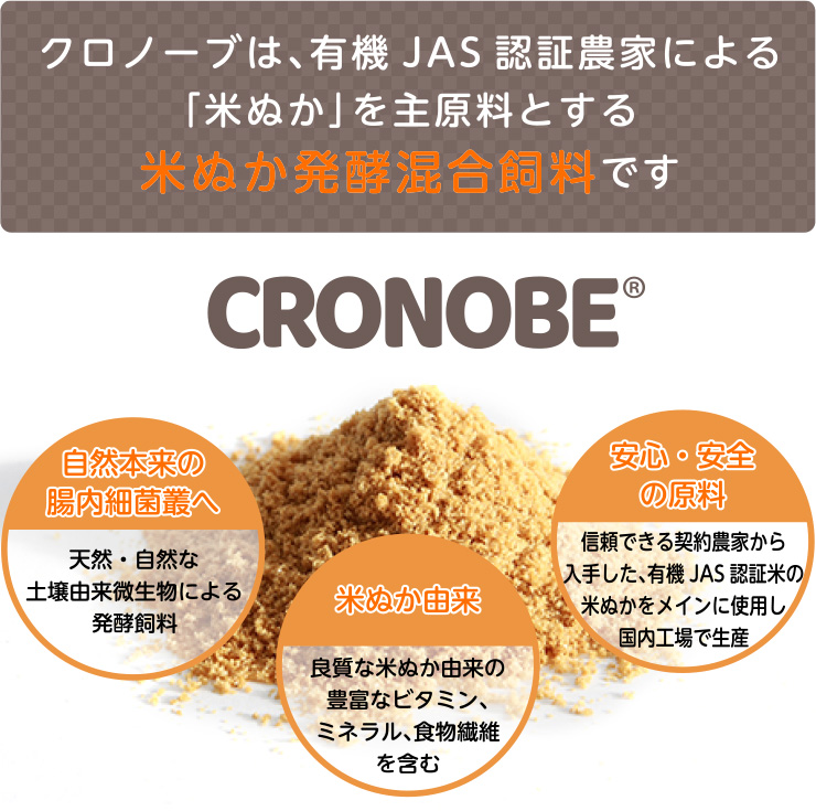 クロノーブは、有機JAS認証農家による「米ぬか」を主原料とする「米ぬか発酵混合飼料」です。