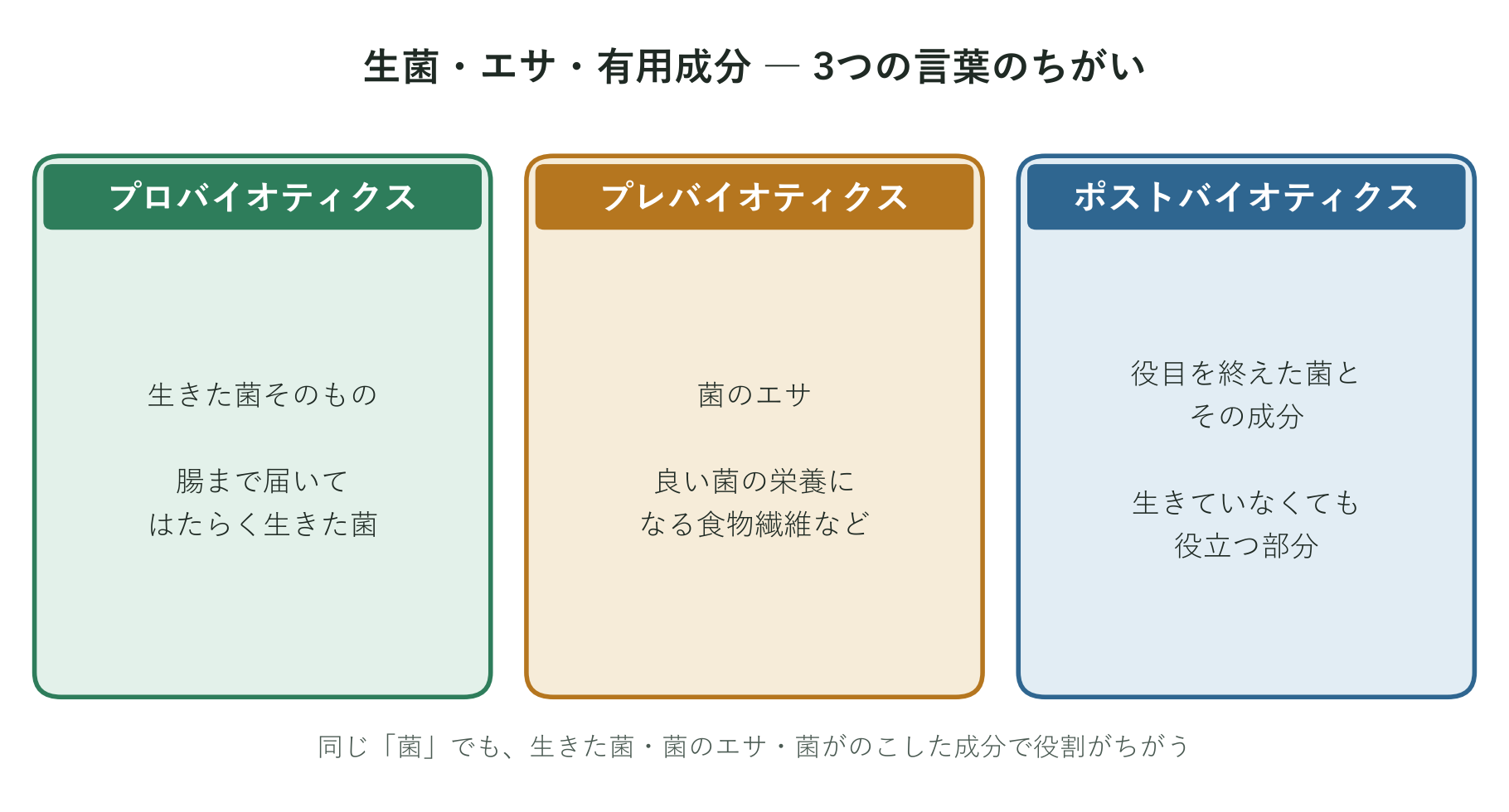 プロバイオティクス・プレバイオティクス・ポストバイオティクスの違いを3つ並べて示した概念図