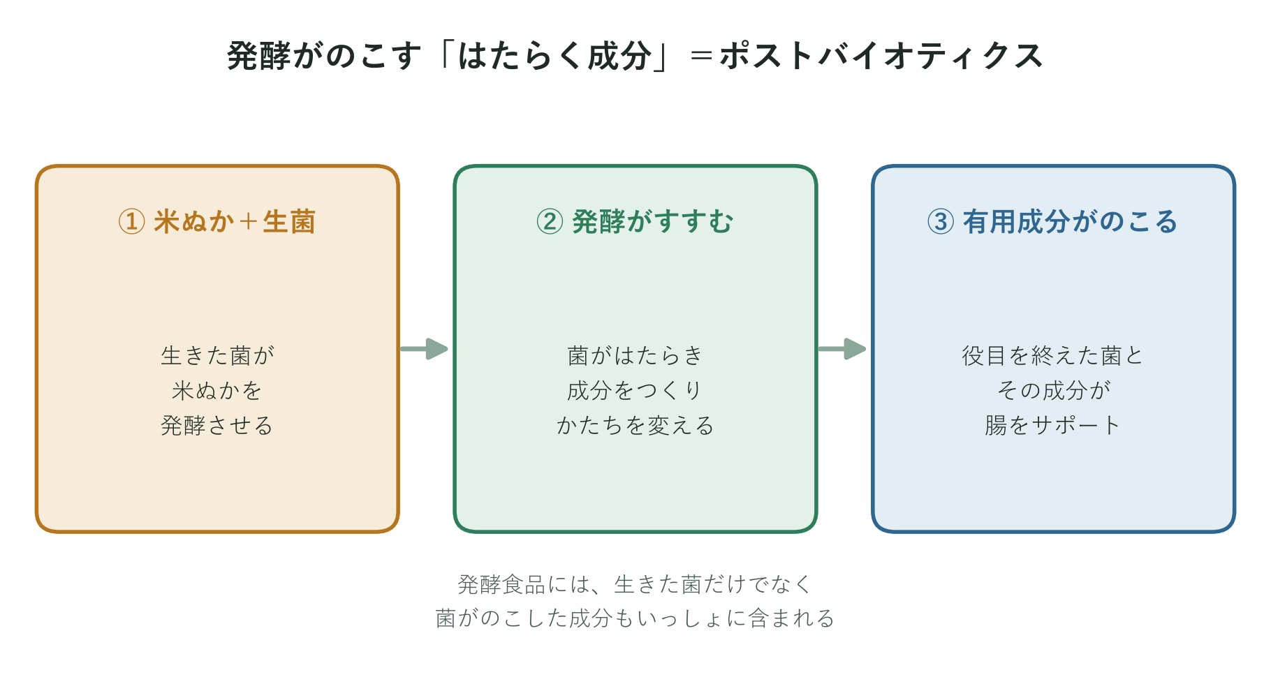 米ぬかを生菌で発酵させると有用な成分がのこることを3段階で示した概念図